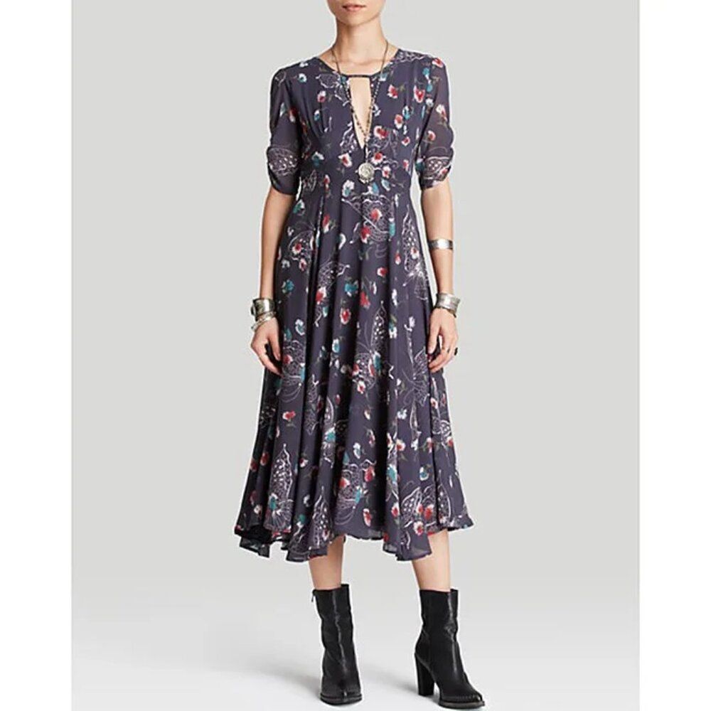 NEW Free People 2 XS Bonnie Floral Coquette CottageCore Dress Blue Fit Flare Tie - Picture 13 of 15